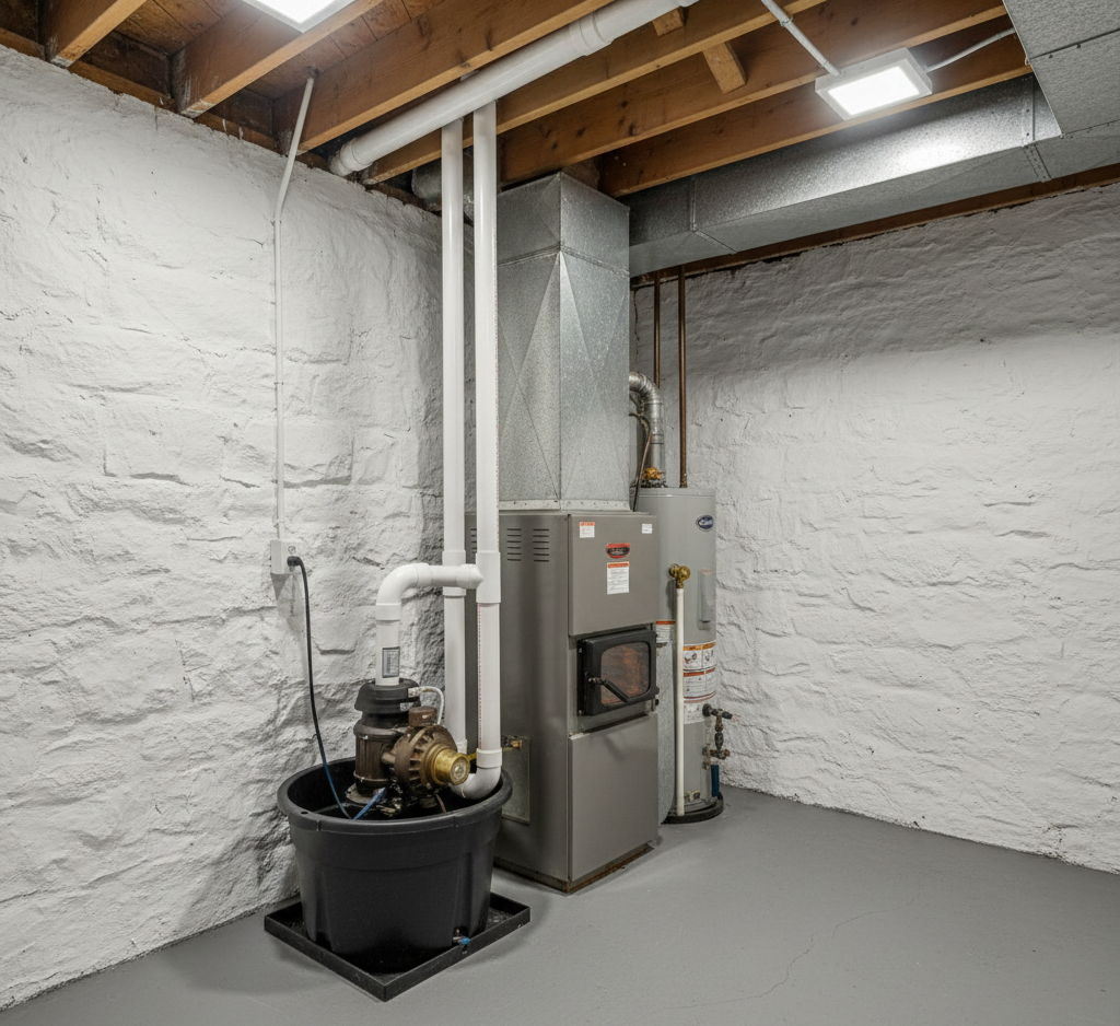 Heritage home sump pump basement repair Thorold installation in utility room.