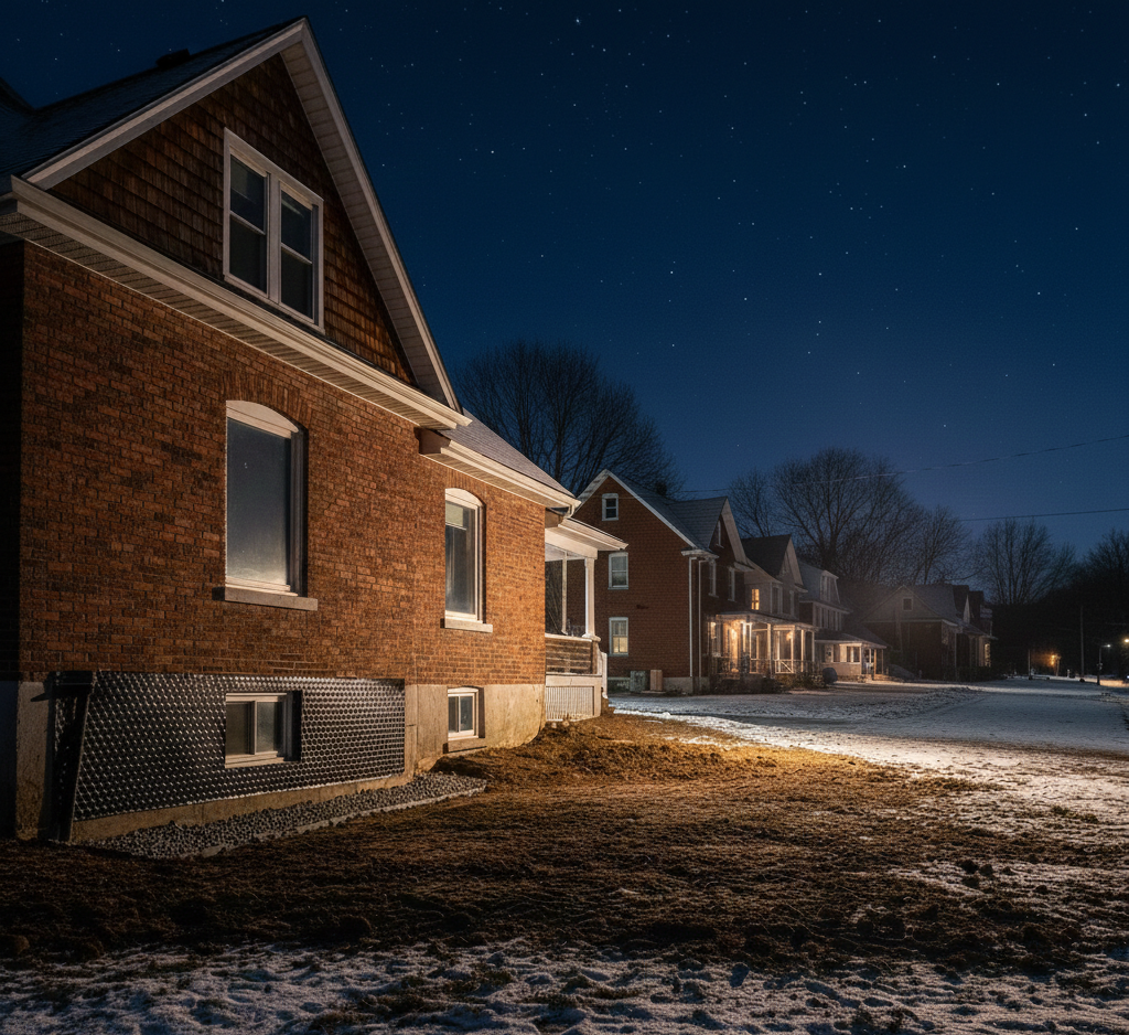 Basement repair Thorold foundation waterproofing membrane installation on an older brick home.