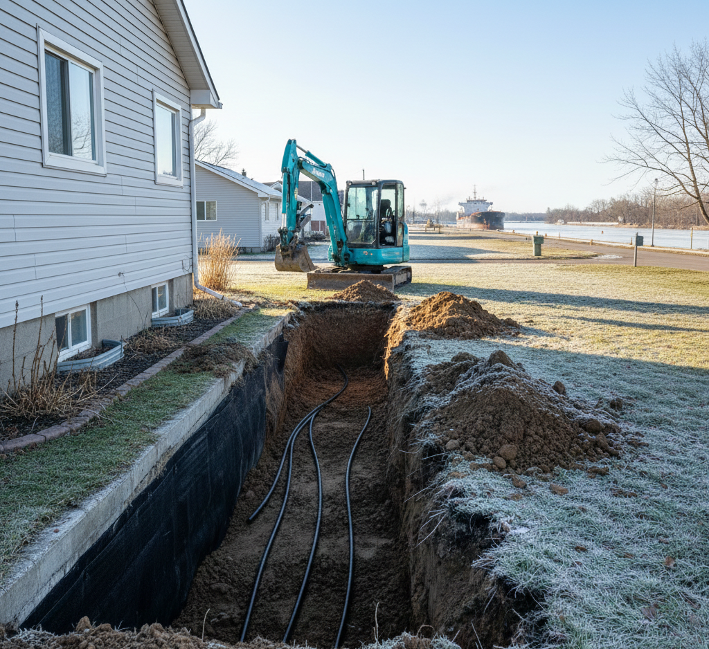 Exterior basement repair Welland foundation excavation and waterproofing near the Welland Canal to prevent water intrusion.